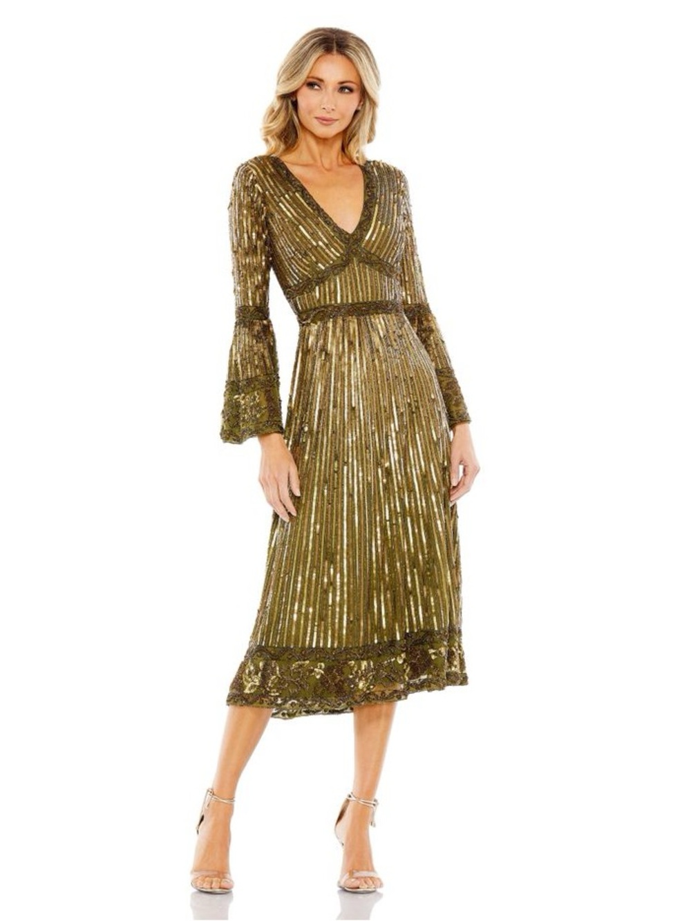 Mac Duggal Embellished Sequin Dress Bell Sleeve V-Neck Sz 10 NWT $598 Olive 5591